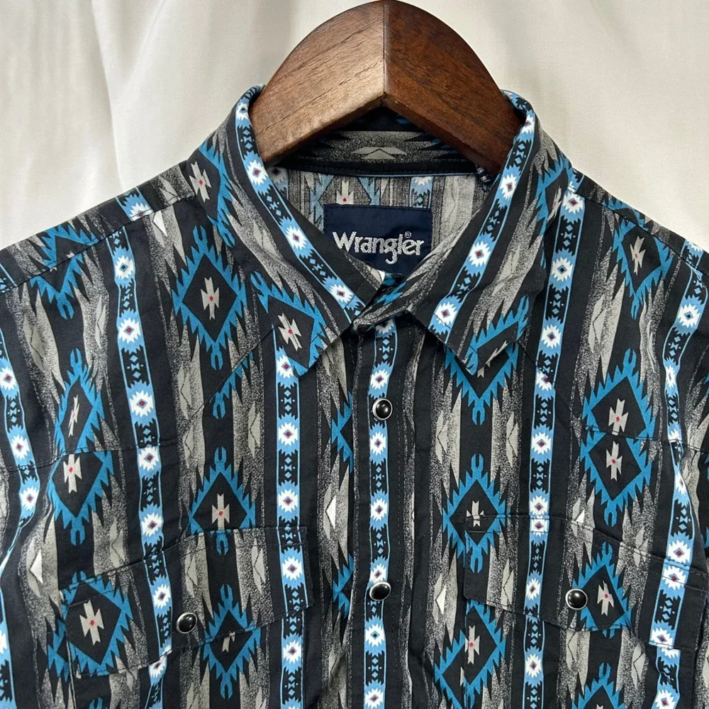 Wrangler Western Snap Shirt Boys XL Black Blue Southwestern Geometric Print